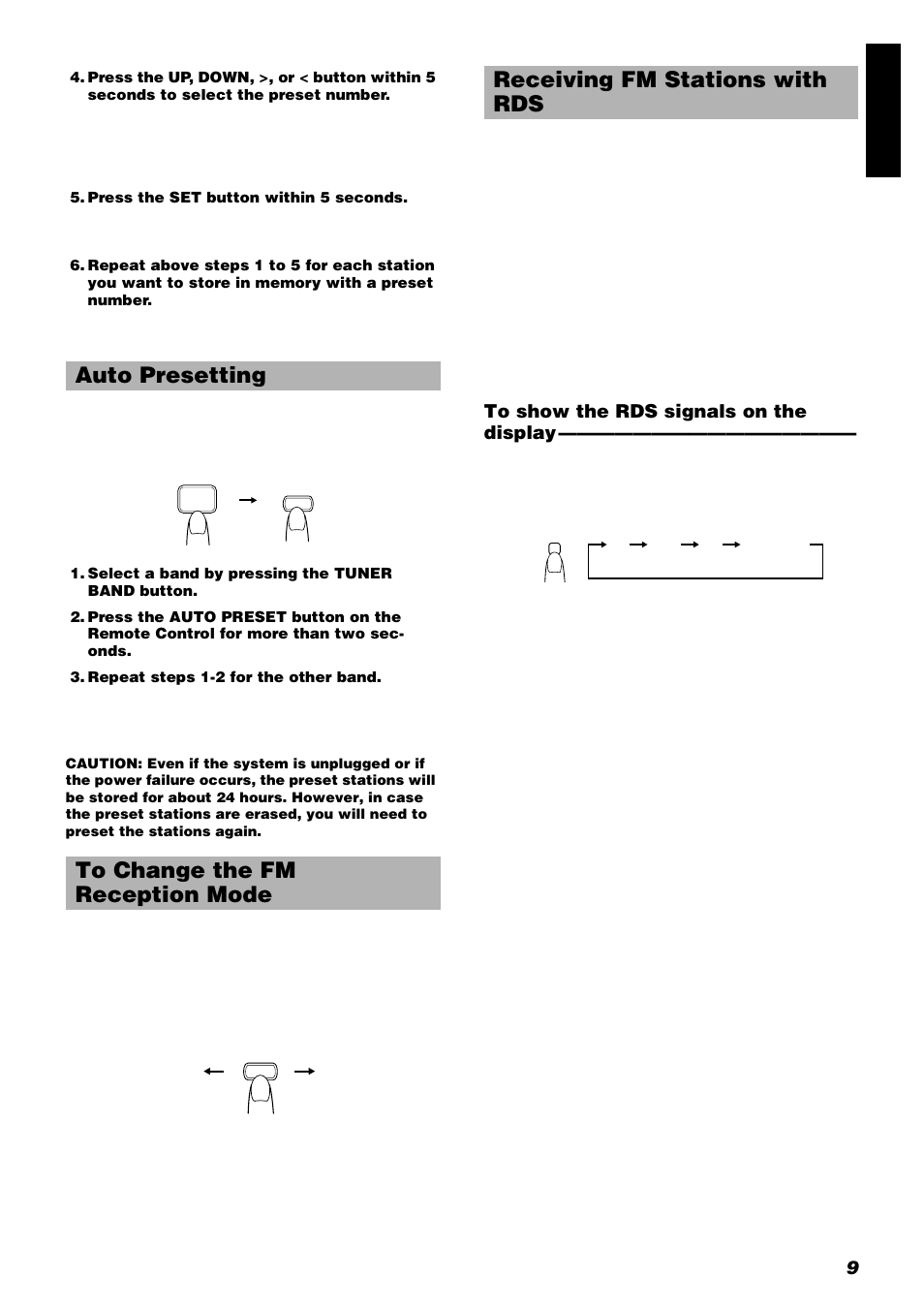 Auto presetting to change the fm reception mode, Receiving fm stations with rds, 9engli s h | JVC UX-V9RMD User Manual | Page 13 / 35