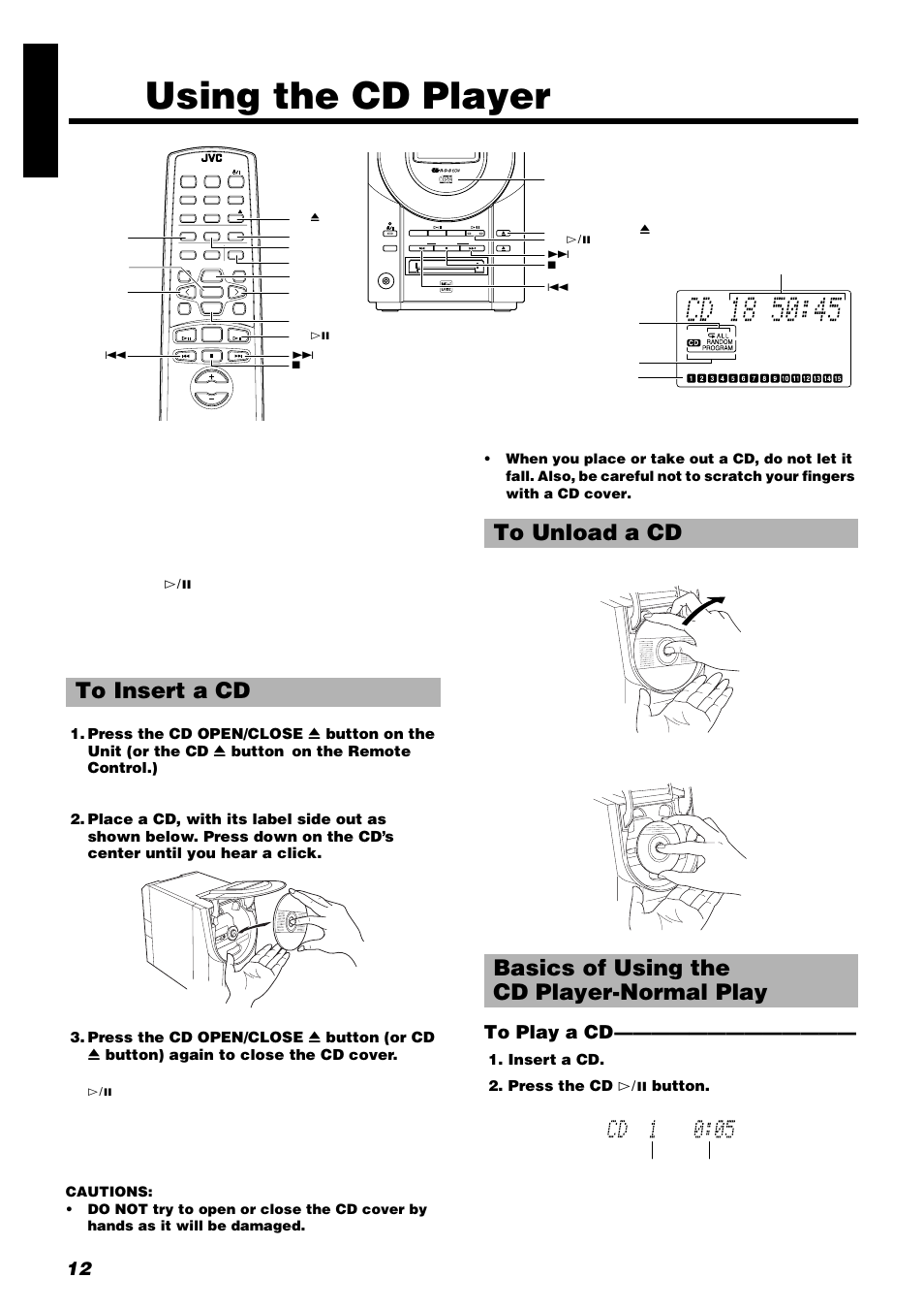 Using the cd player, 12 engli s h | JVC UX-V9RMD User Manual | Page 16 / 35