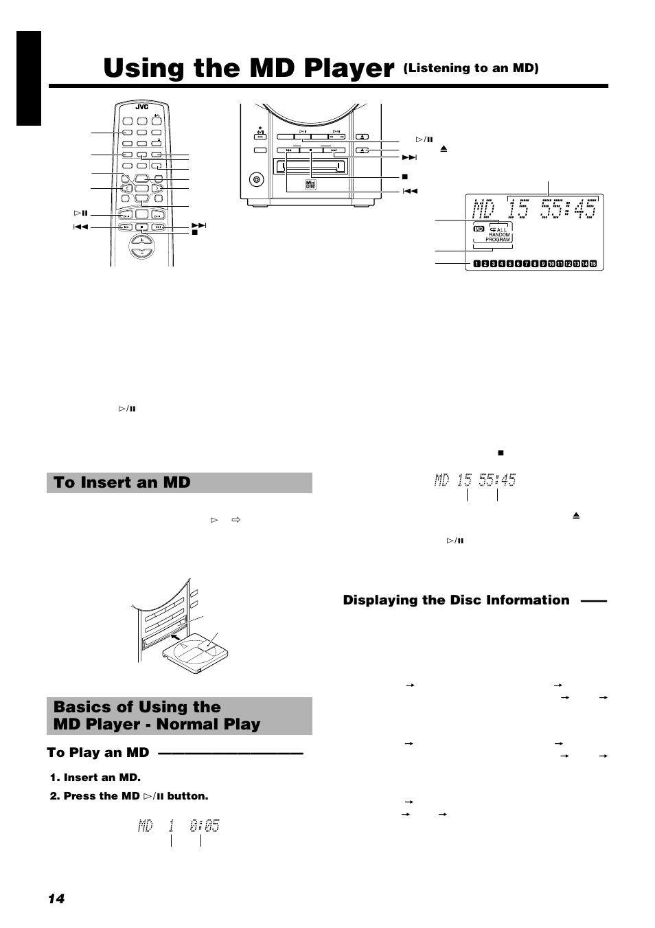 Using the md player, 14 engli s h, Displaying the disc information | Listening to an md) | JVC UX-V9RMD User Manual | Page 18 / 35