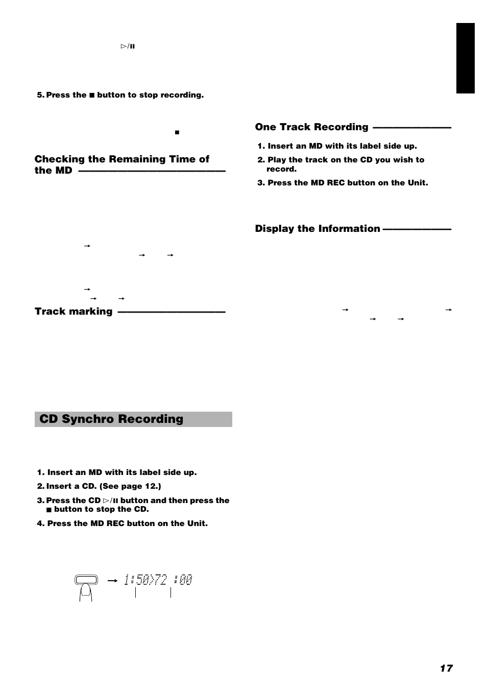 Cd synchro recording, 17 engli s h, Checking the remaining time of the md | Track marking, One track recording, Display the information | JVC UX-V9RMD User Manual | Page 21 / 35