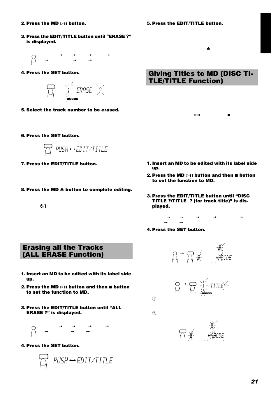 Erasing all the tracks (all erase function), Giving titles to md (disc ti- tle/title function), 21 engli s h | JVC UX-V9RMD User Manual | Page 25 / 35