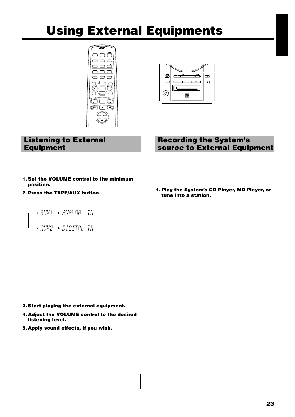 Using external equipments, Listening to external equipment, 23 engli s h | JVC UX-V9RMD User Manual | Page 27 / 35