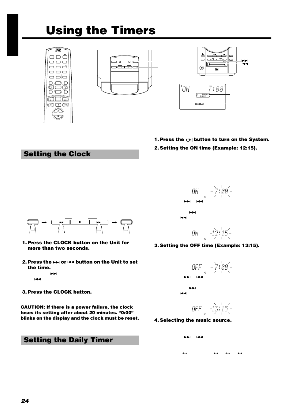 Using the timers, Setting the clock setting the daily timer, 24 engli s h | JVC UX-V9RMD User Manual | Page 28 / 35