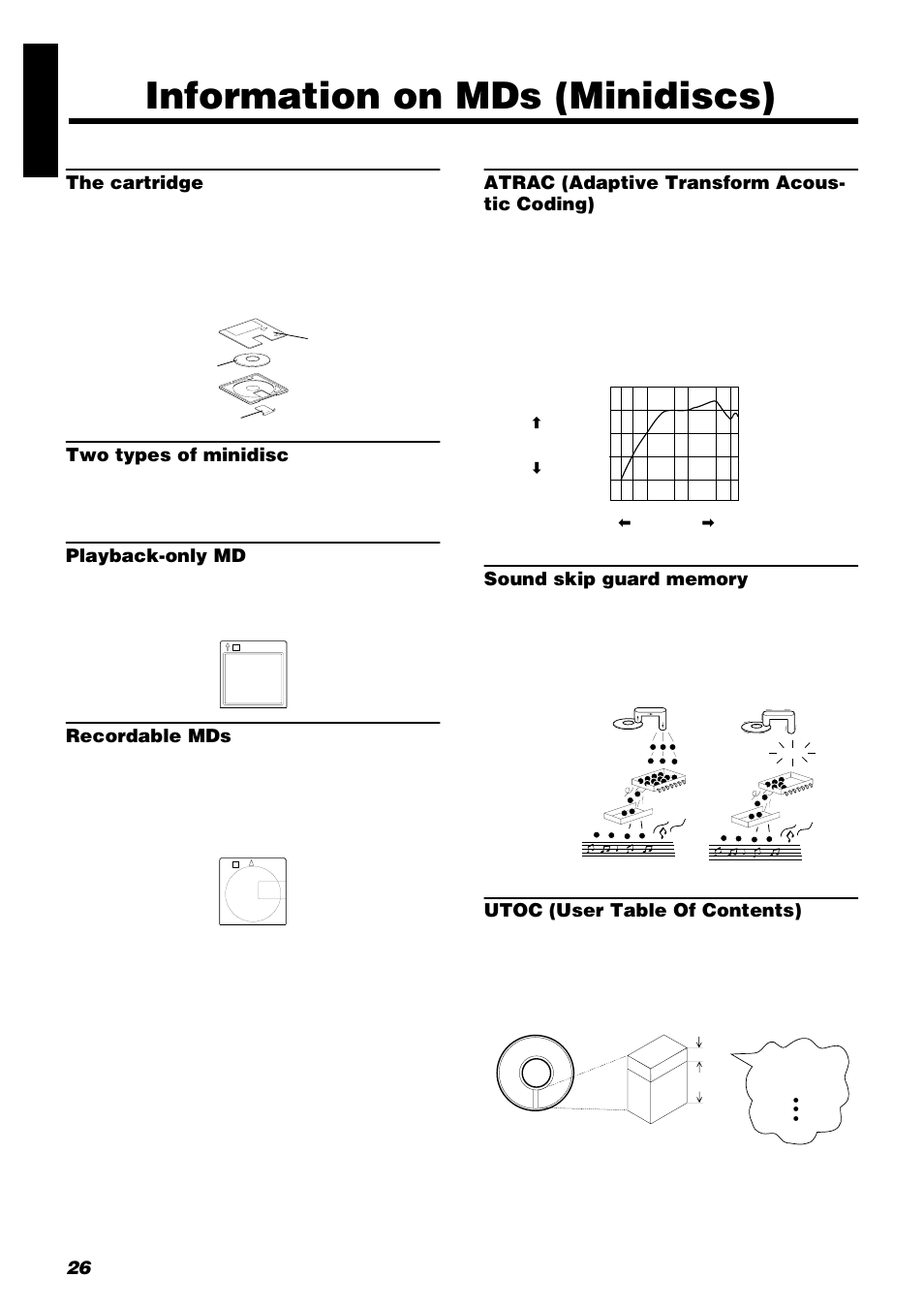 Information on mds (minidiscs), 26 engli s h, The cartridge | Two types of minidisc, Playback-only md, Recordable mds, Atrac (adaptive transform acous- tic coding), Utoc (user table of contents) | JVC UX-V9RMD User Manual | Page 30 / 35