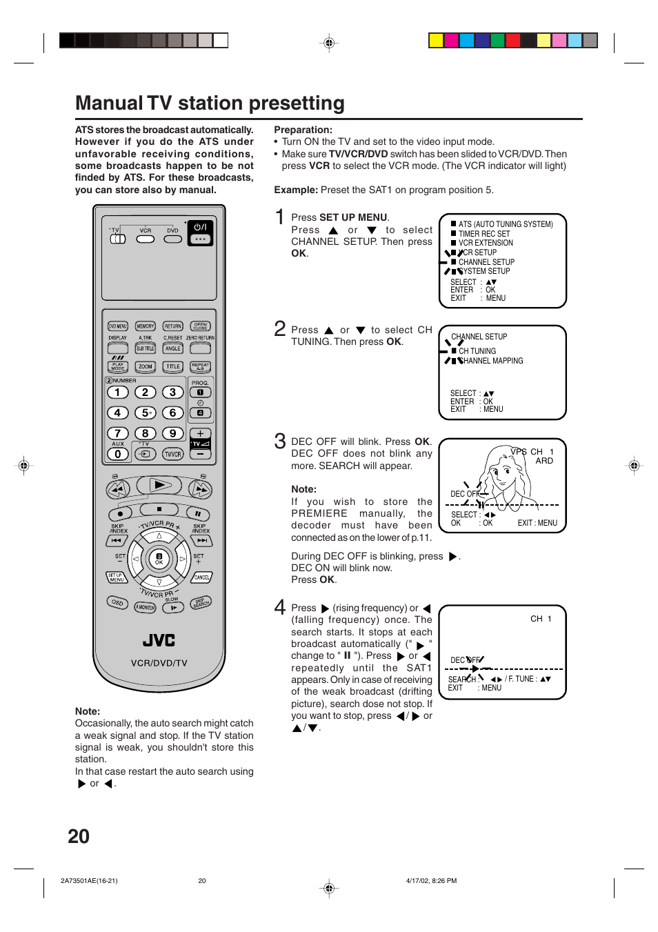 Manual tv station presetting | JVC LPT0715-001A User Manual | Page 20 / 64