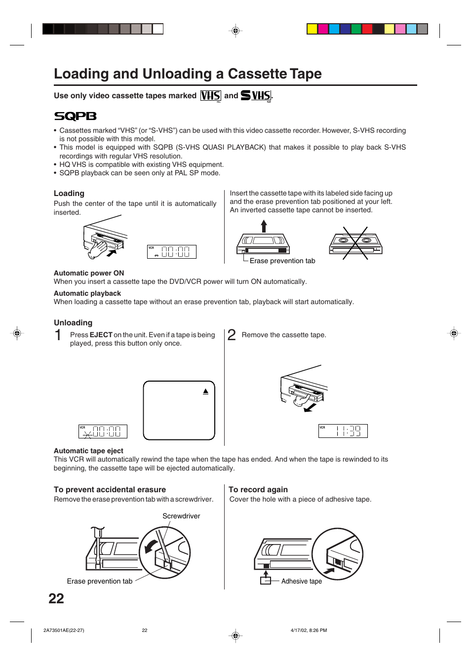 Tape playback operation, Loading and unloading a cassette tape | JVC LPT0715-001A User Manual | Page 22 / 64