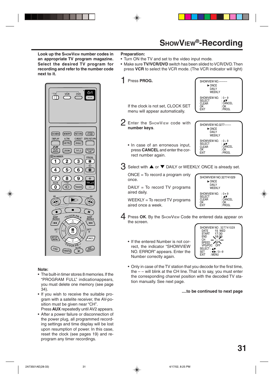 Showview ® -recording, 31 s, Recording | JVC LPT0715-001A User Manual | Page 31 / 64