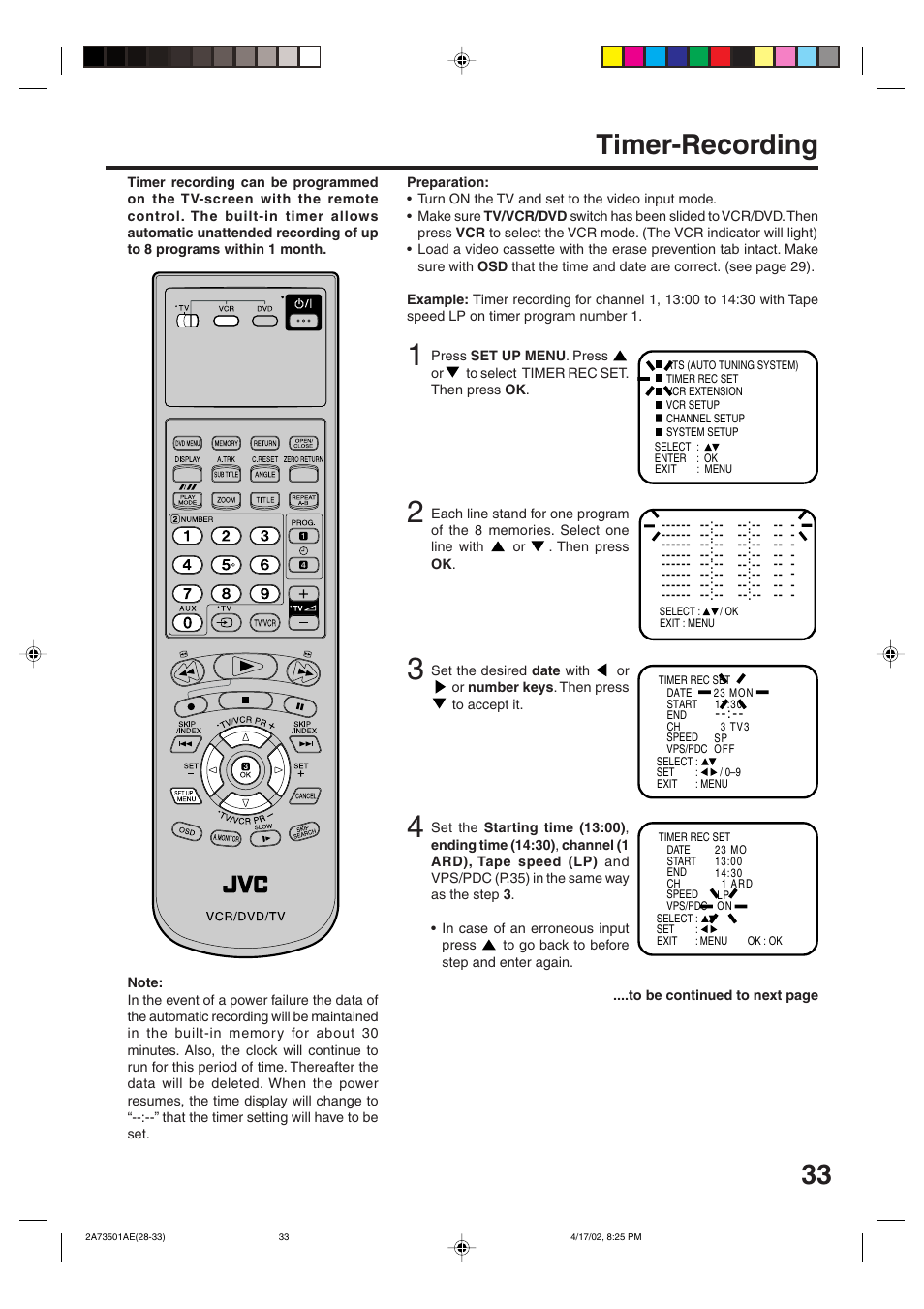 Timer-recording, 33 timer-recording | JVC LPT0715-001A User Manual | Page 33 / 64