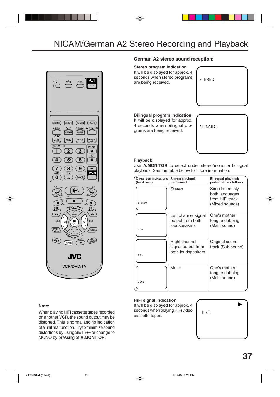 Nicam/german a2 stereo recording and playback | JVC LPT0715-001A User Manual | Page 37 / 64