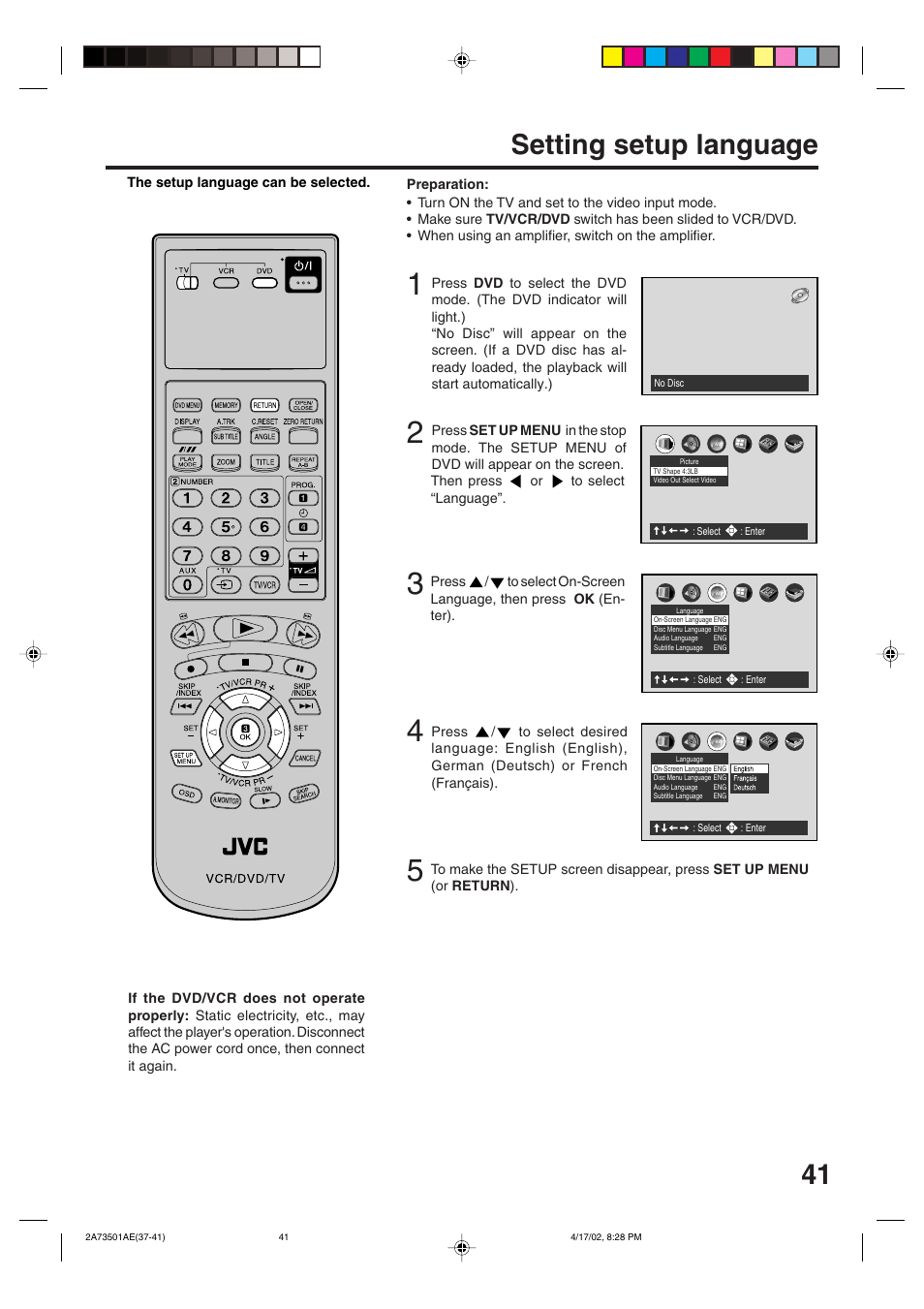 Setting setup language | JVC LPT0715-001A User Manual | Page 41 / 64