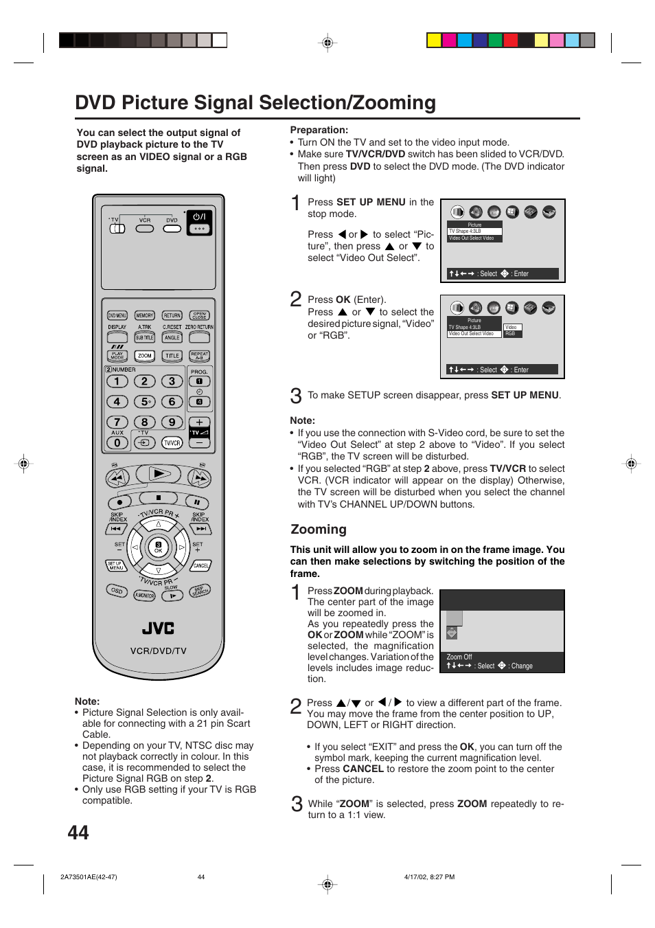 Dvd picture signal selection/zooming, 44 dvd picture signal selection/zooming, Zooming | JVC LPT0715-001A User Manual | Page 44 / 64