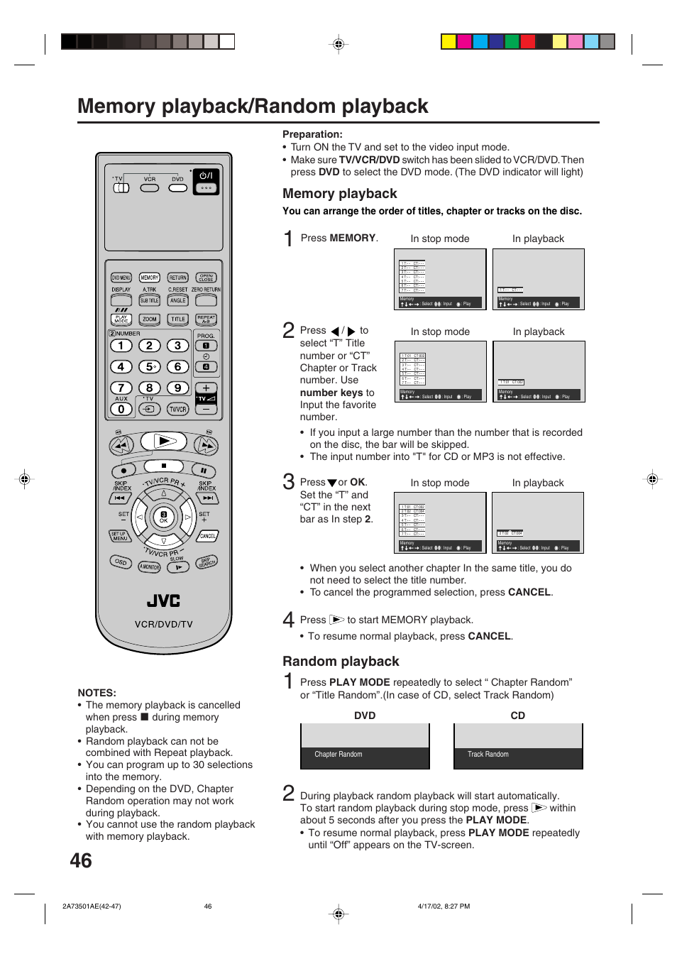Memory playback/random playback, Random playback | JVC LPT0715-001A User Manual | Page 46 / 64