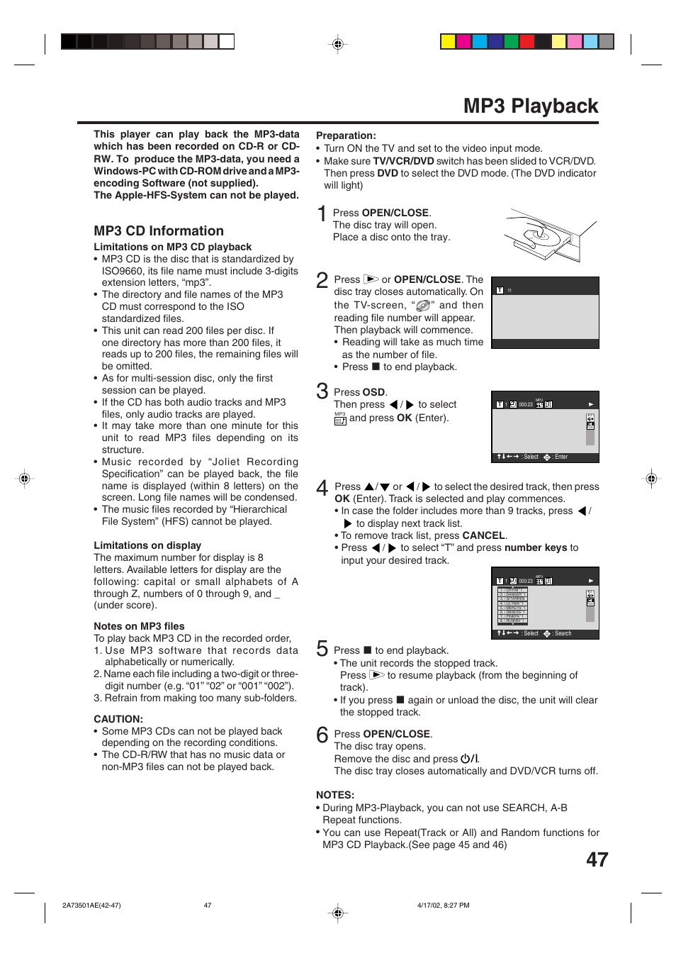 Mp3 playback, Mp3 cd information | JVC LPT0715-001A User Manual | Page 47 / 64