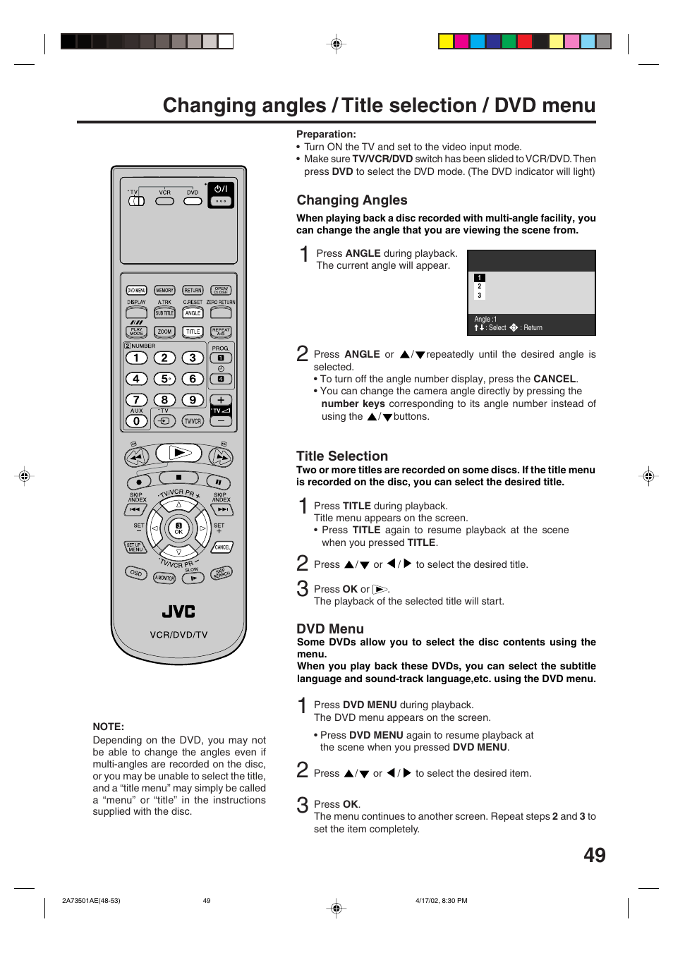 Changing angles / title selection / dvd menu, 49 changing angles / title selection / dvd menu | JVC LPT0715-001A User Manual | Page 49 / 64
