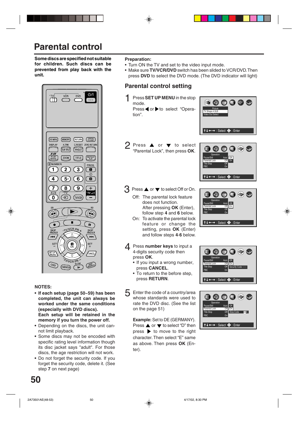 Advanced function of dvd section, Parental control, Parental control setting | JVC LPT0715-001A User Manual | Page 50 / 64