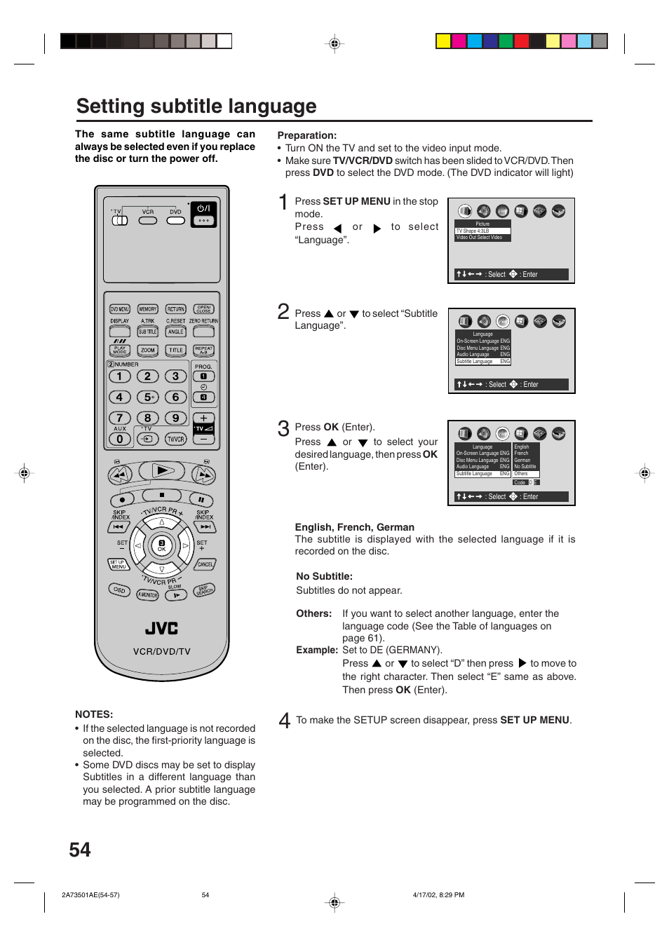 Setting subtitle language | JVC LPT0715-001A User Manual | Page 54 / 64