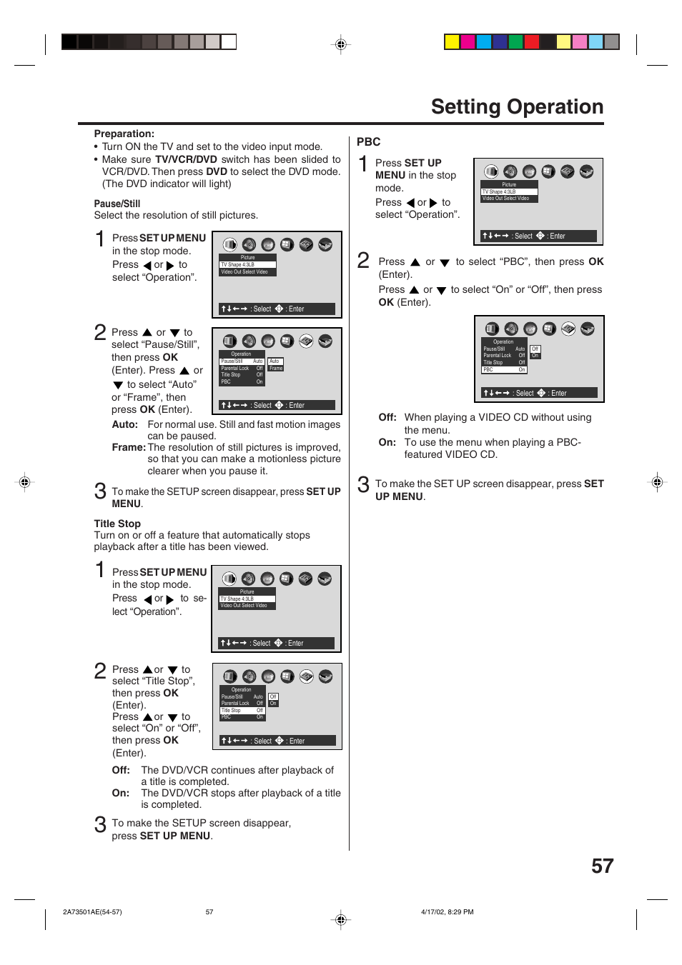 Setting operation, 57 setting operation | JVC LPT0715-001A User Manual | Page 57 / 64