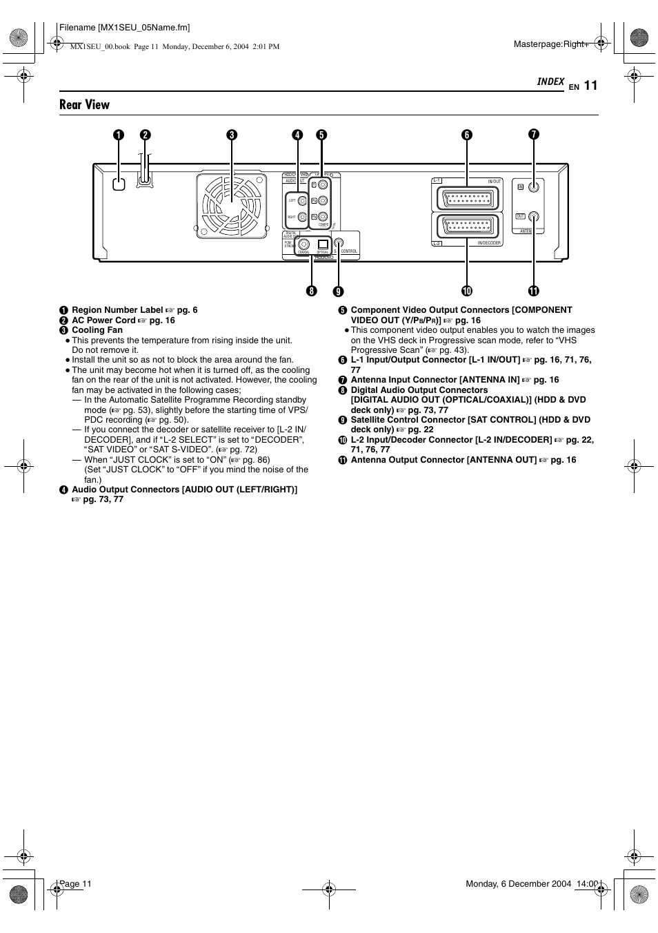 Rear view, Index | JVC DR-MX1S User Manual | Page 11 / 100