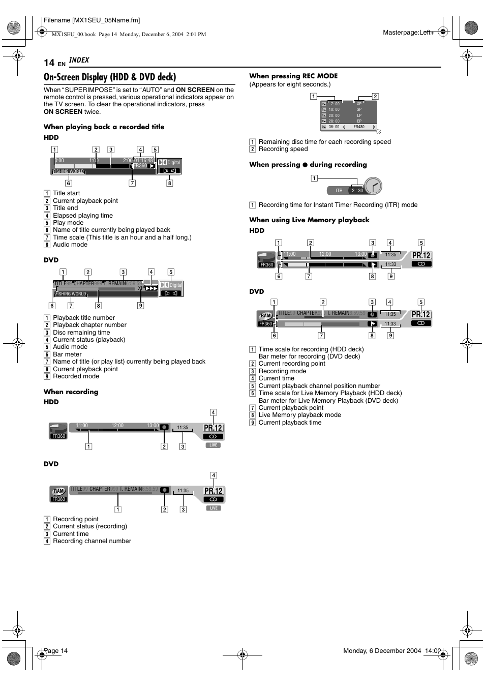 A pg. 14, 29, On-screen display (hdd & dvd deck), Pr.12 | Index | JVC DR-MX1S User Manual | Page 14 / 100
