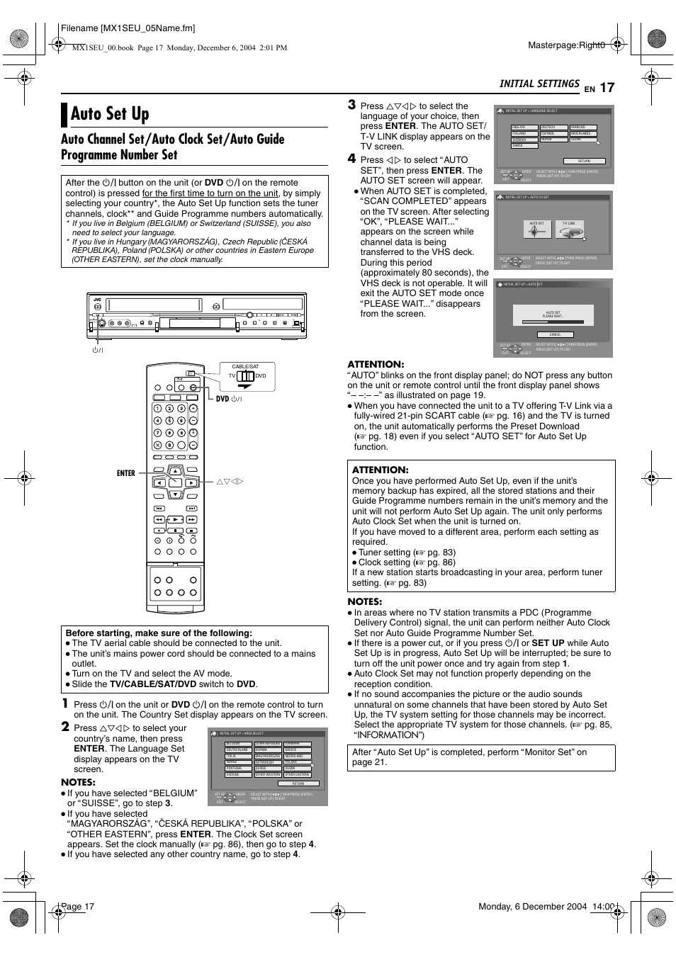 Initial settings, Auto set up, A pg. 17 | JVC DR-MX1S User Manual | Page 17 / 100