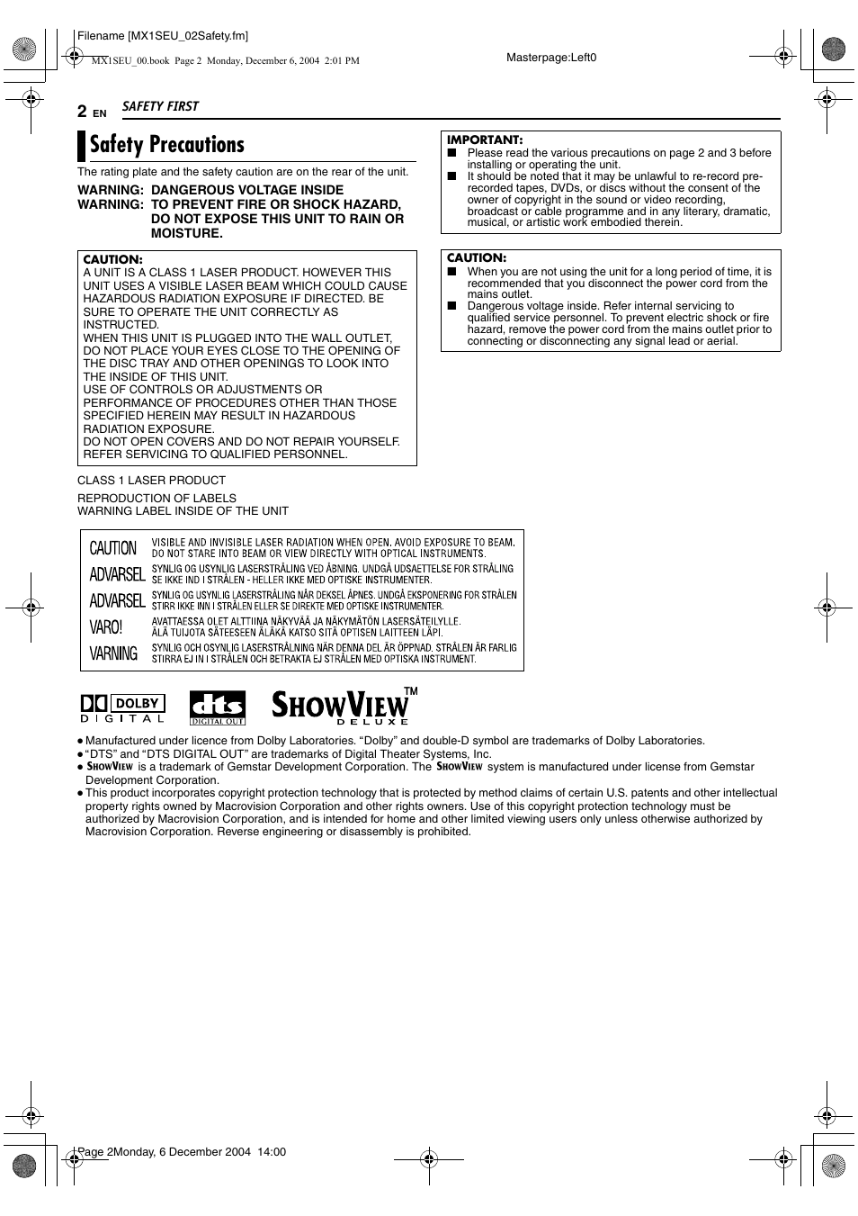 Safety first, Safety precautions | JVC DR-MX1S User Manual | Page 2 / 100