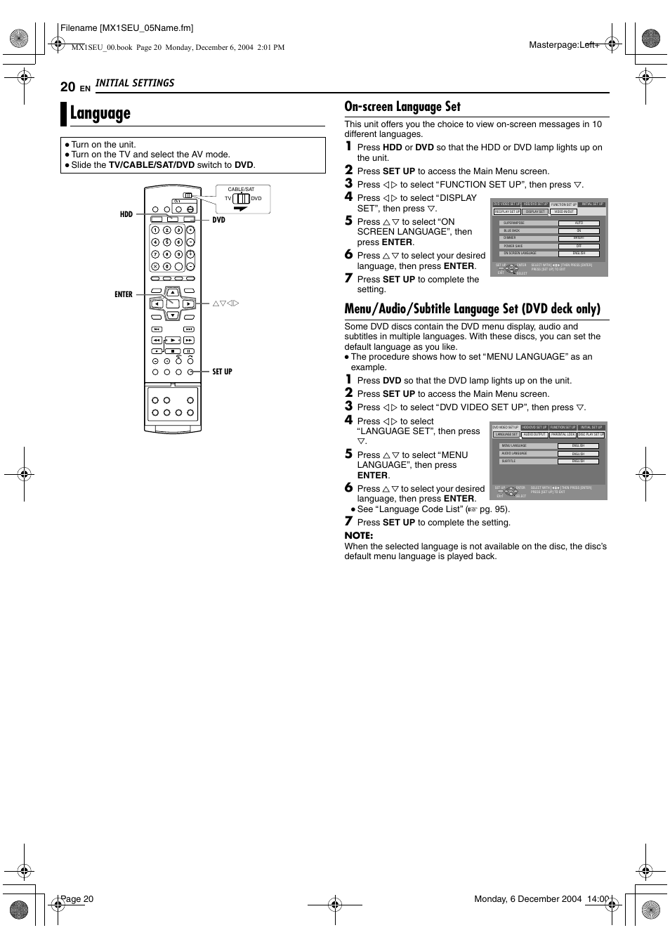 Language, A pg. 20, 37, A pg. 20, 24 | A pg. 20, Screen language set, B (a pg. 20), On-screen language set, Menu/audio/subtitle language set (dvd deck only), Initial settings | JVC DR-MX1S User Manual | Page 20 / 100