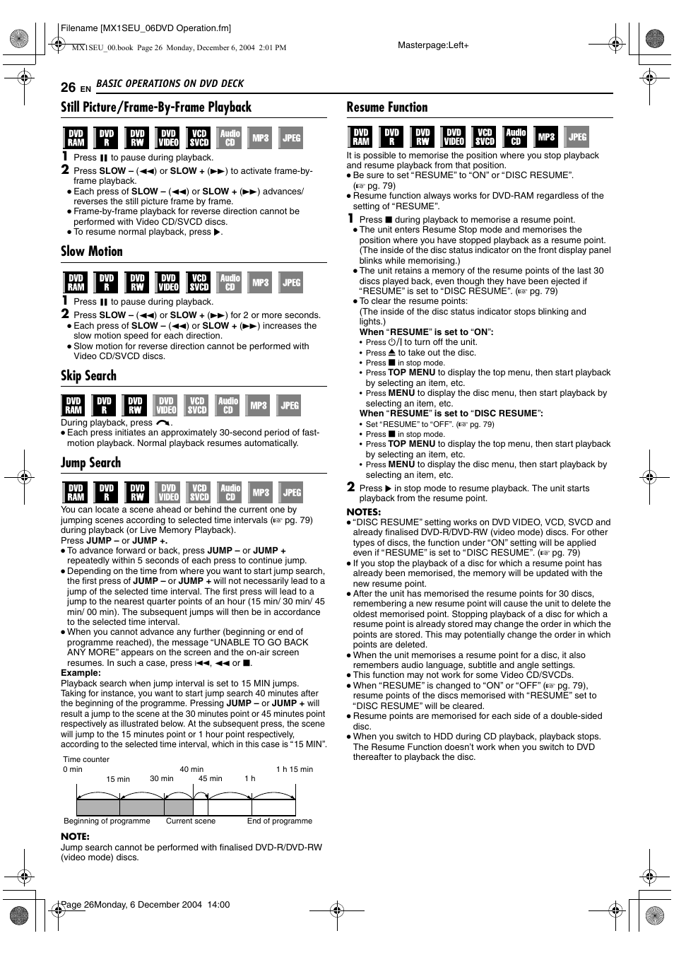 A pg. 26, A pg. 26, 47, Still picture/frame-by-frame playback | Slow motion, Skip search, Jump search, Resume function | JVC DR-MX1S User Manual | Page 26 / 100