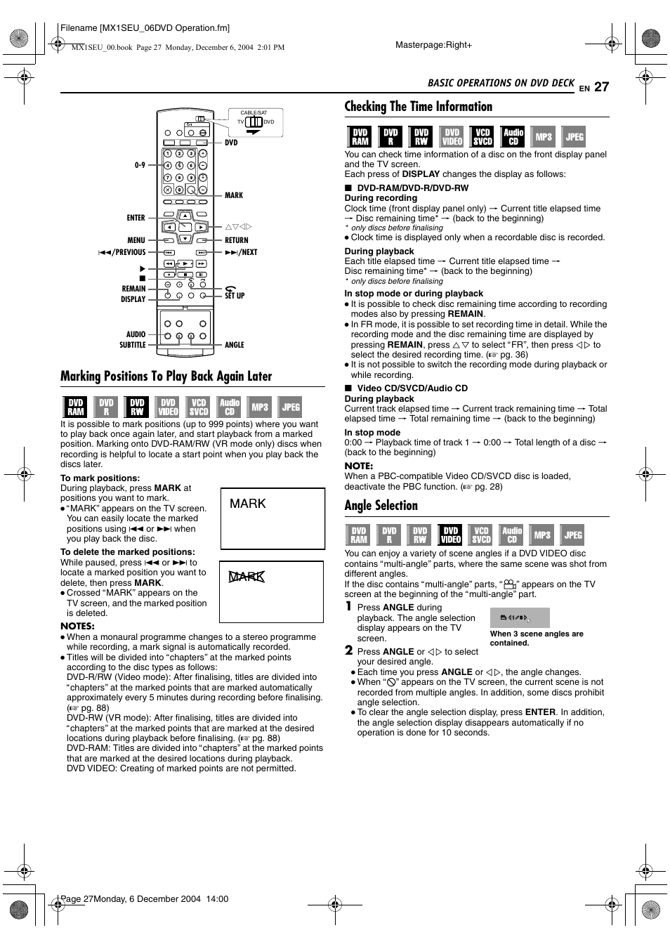 A pg. 27, 35, Tor a pg. 27, 35, A pg. 27, 3 | A pg. 27, Marking positions to play back again later, Checking the time information, Angle selection | JVC DR-MX1S User Manual | Page 27 / 100