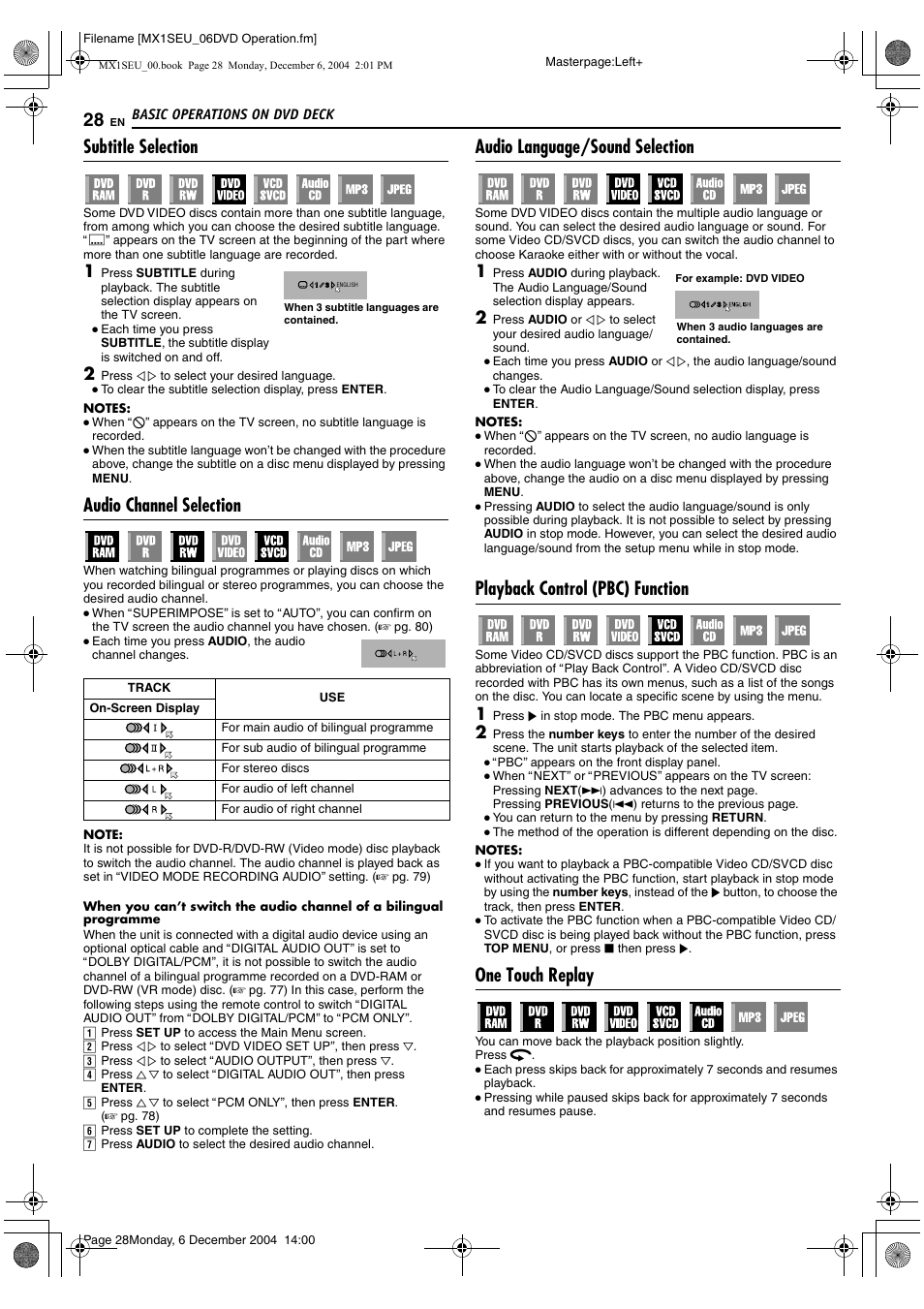 A pg. 28, A pg. 28, 30, 49, Aplayback control (pbc) functionb (a pg. 28) | Tion. (a pg. 28), Subtitle selection, Audio channel selection, Audio language/sound selection, Playback control (pbc) function, One touch replay | JVC DR-MX1S User Manual | Page 28 / 100