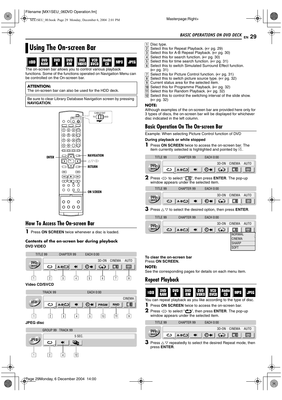 Using the on-screen bar, How to access the on-screen bar, Basic operation on the on-screen bar | Repeat playback | JVC DR-MX1S User Manual | Page 29 / 100