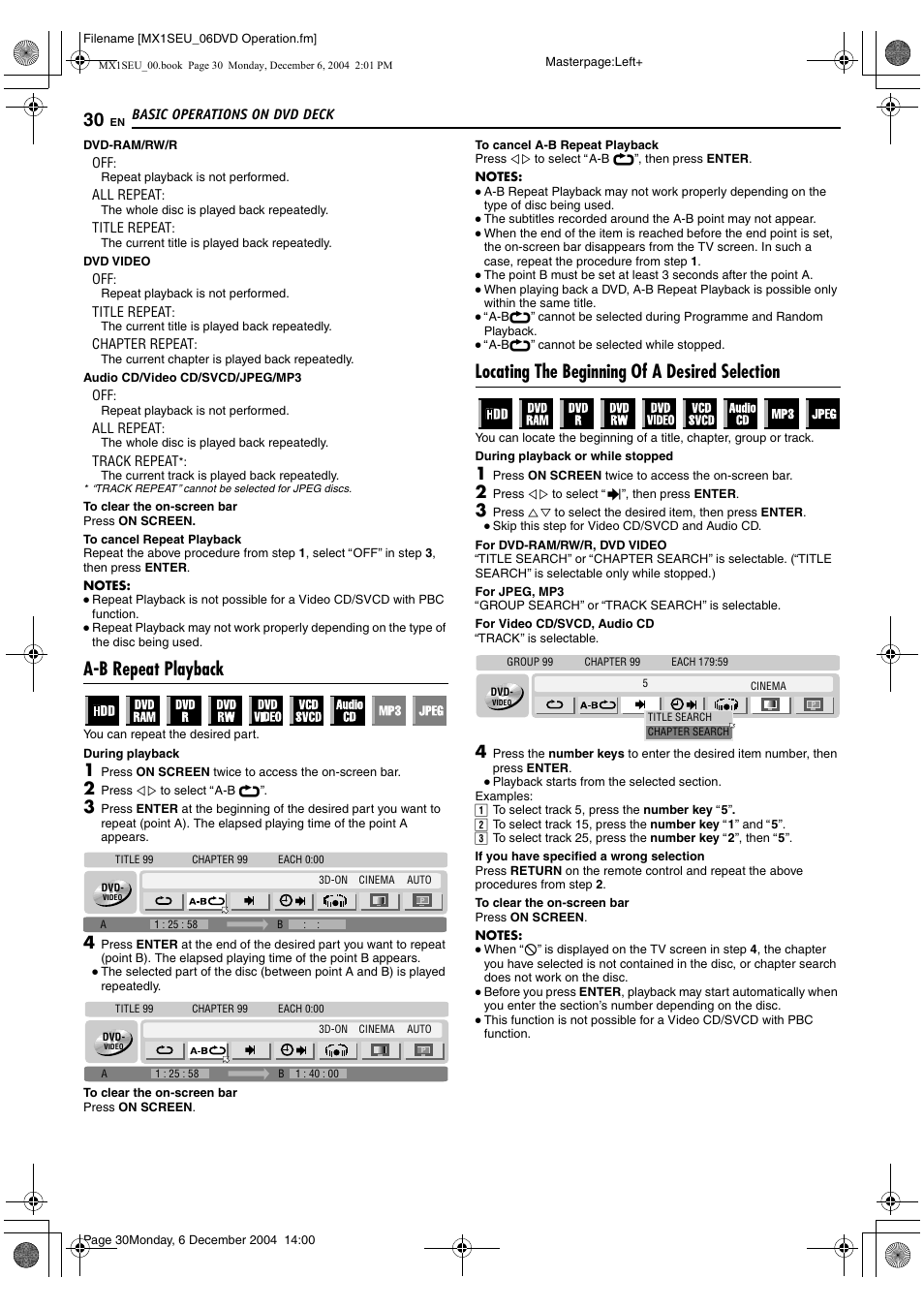 A pg. 30, A pg. 30), R search function. (a pg. 30) | A-b repeat playback, Locating the beginning of a desired selection | JVC DR-MX1S User Manual | Page 30 / 100