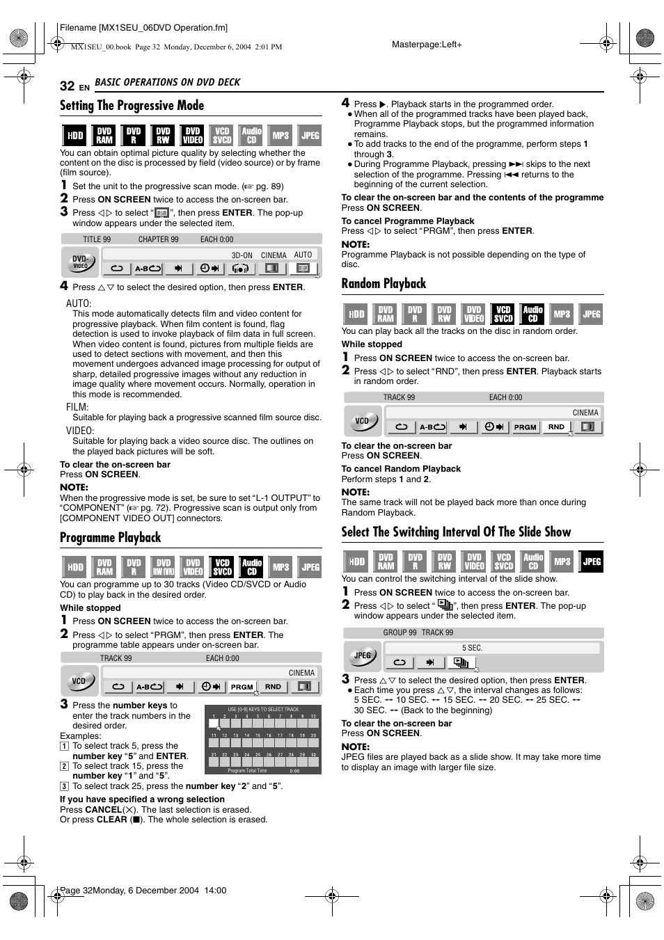 A pg. 32, A pg. 32), K. (a pg. 32) | Setting the progressive mode, Programme playback, Random playback, Select the switching interval of the slide show | JVC DR-MX1S User Manual | Page 32 / 100