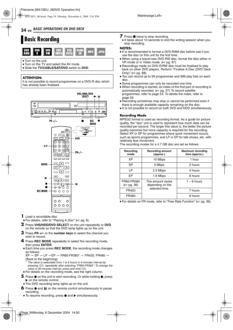 Basic recording, A pg. 34, 37, 43, 44, A pg. 34 | A pg. 34, 37, 44, A pg. 34, 37, A pg. 34, 7 | JVC DR-MX1S User Manual | Page 34 / 100