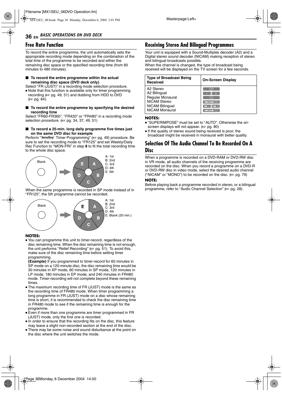 A pg. 36), R to, Afree rate functionb (a pg. 36) | Free rate function, Receiving stereo and bilingual programmes | JVC DR-MX1S User Manual | Page 36 / 100