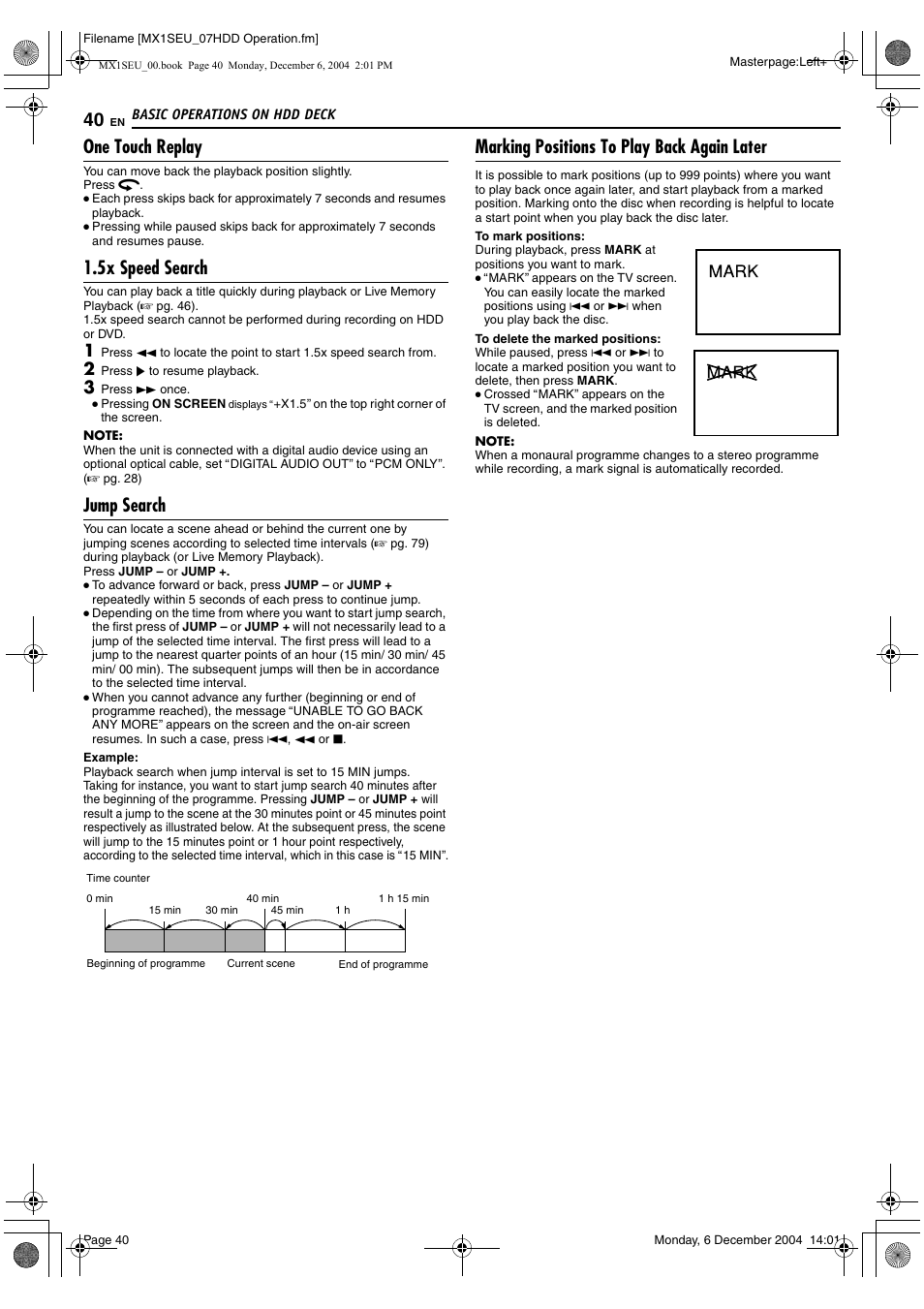 A pg. 40, One touch replay, 5x speed search | Jump search, Marking positions to play back again later | JVC DR-MX1S User Manual | Page 40 / 100