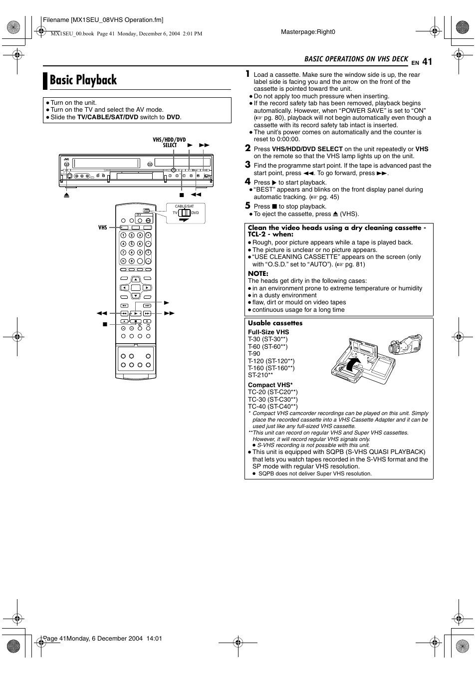 Basic operations on vhs deck, Basic playback, A pg. 41 | A pg. 41, 42, Vhs button* a pg. 41 | JVC DR-MX1S User Manual | Page 41 / 100