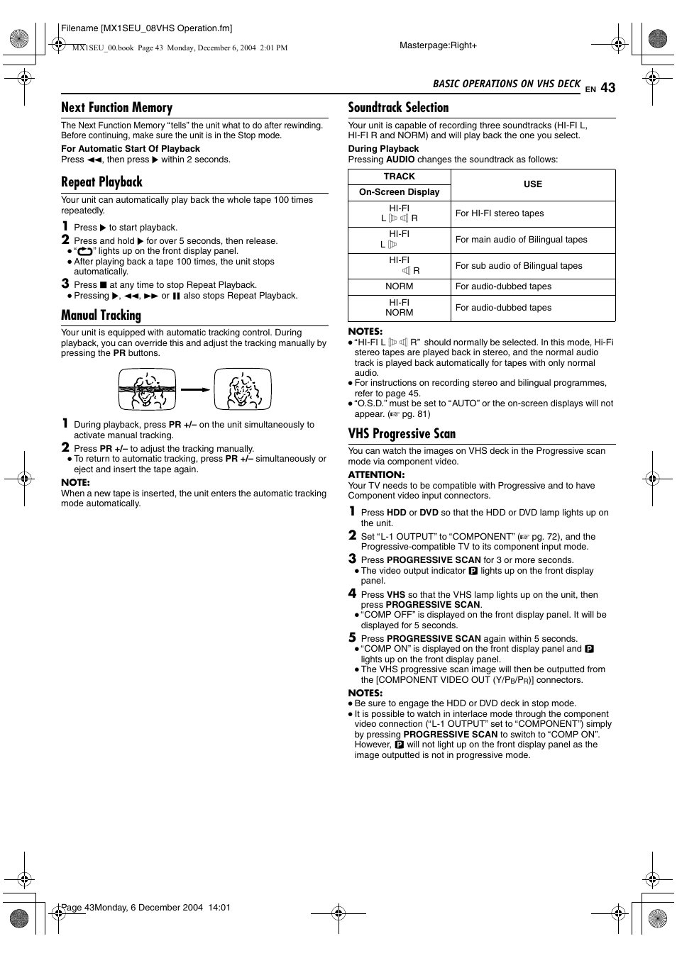 Avhs, Progressive scan, B (a pg. 43) | A pg. 43, 89, A pg. 43, Search. (a pg. 43) t, Repeat playback, Manual tracking, Soundtrack selection, Vhs progressive scan | JVC DR-MX1S User Manual | Page 43 / 100