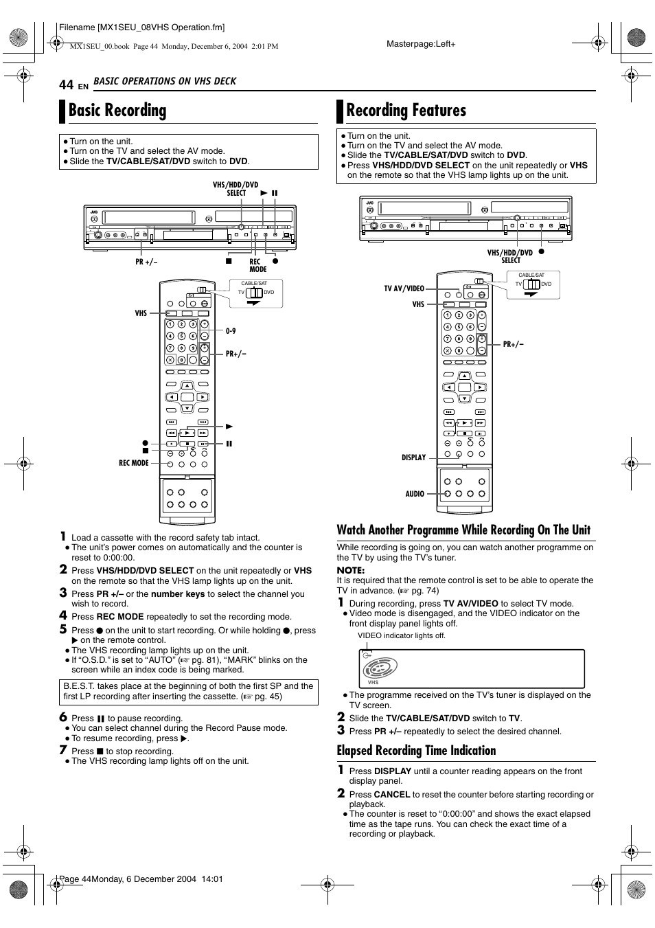 Basic recording, Recording features, A pg. 44 | Elapsed recording time indication | JVC DR-MX1S User Manual | Page 44 / 100