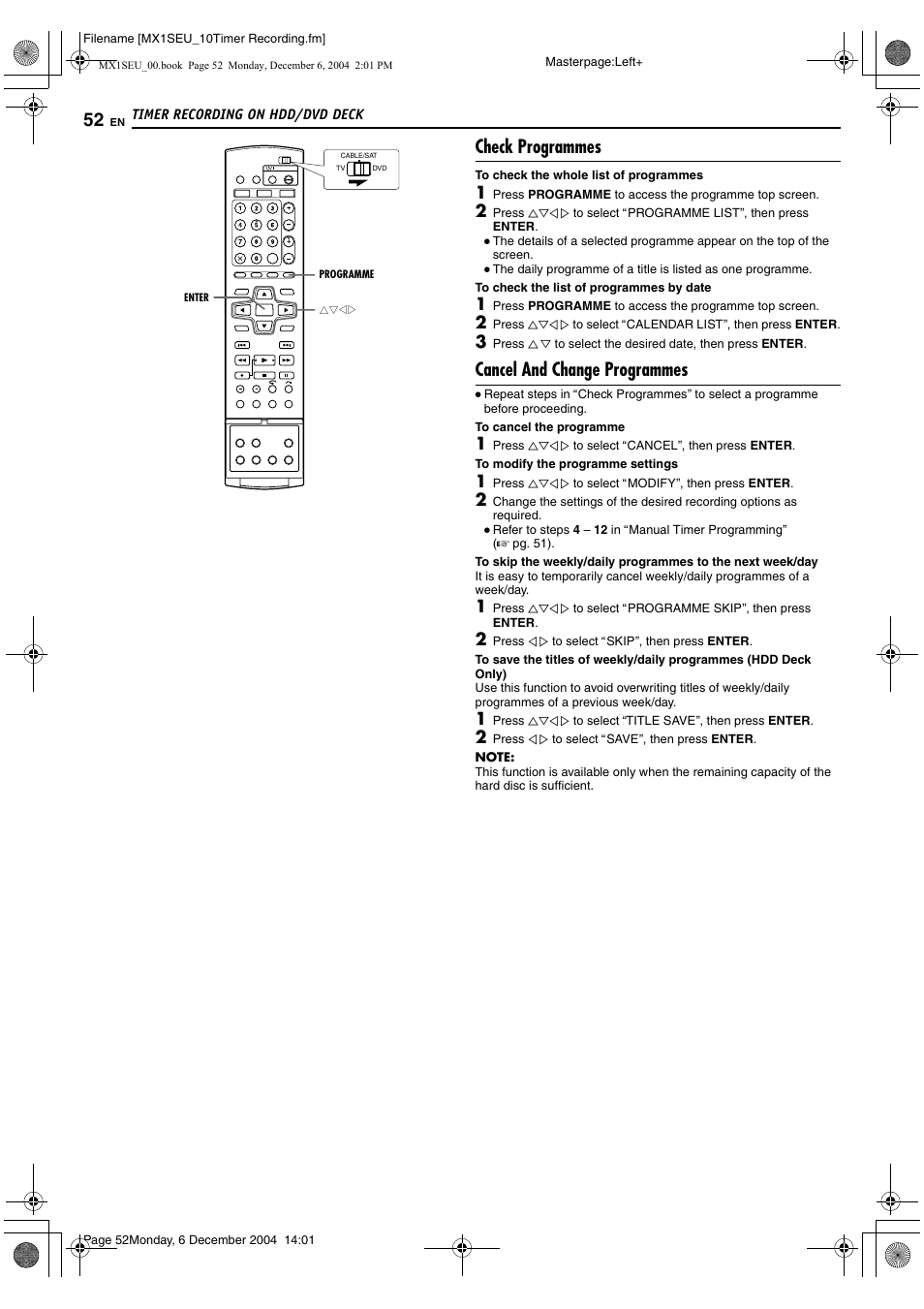 A pg. 52), Check programmes, Cancel and change programmes | JVC DR-MX1S User Manual | Page 52 / 100