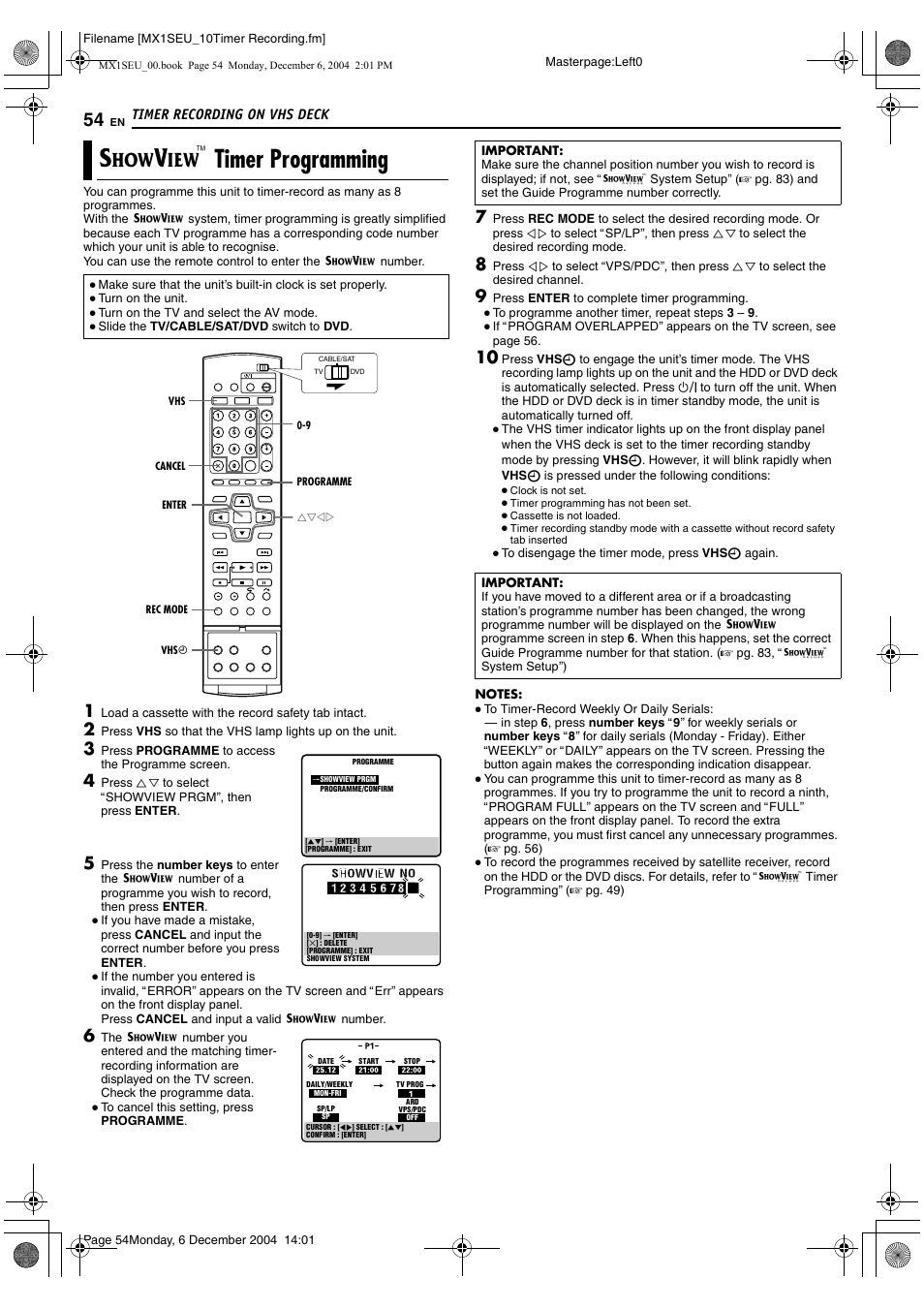 Timer recording on vhs deck, B timer programming, A pg. 54 | Timer programming | JVC DR-MX1S User Manual | Page 54 / 100