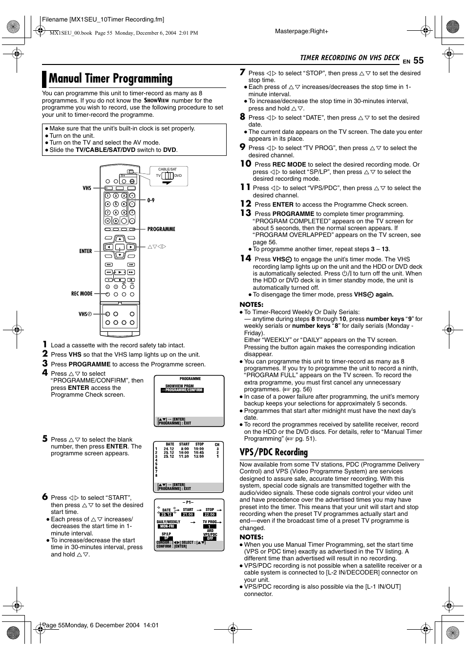 Manual timer programming, A pg. 55, Vps/pdc recording | JVC DR-MX1S User Manual | Page 55 / 100