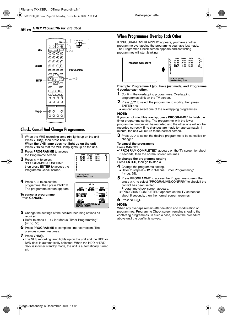 A pg. 56), Ge 56, Check, cancel and change programmes | When programmes overlap each other, Timer recording on vhs deck | JVC DR-MX1S User Manual | Page 56 / 100