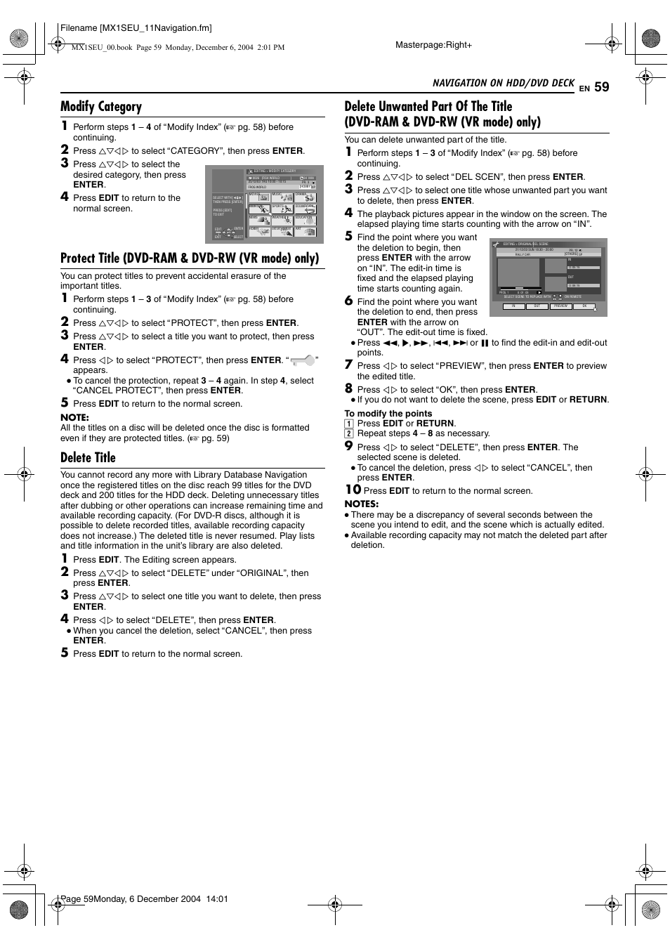 A pg. 59, amodify categoryb), Modify category, Protect title (dvd-ram & dvd-rw (vr mode) only) | Delete title, Navigation on hdd/dvd deck | JVC DR-MX1S User Manual | Page 59 / 100