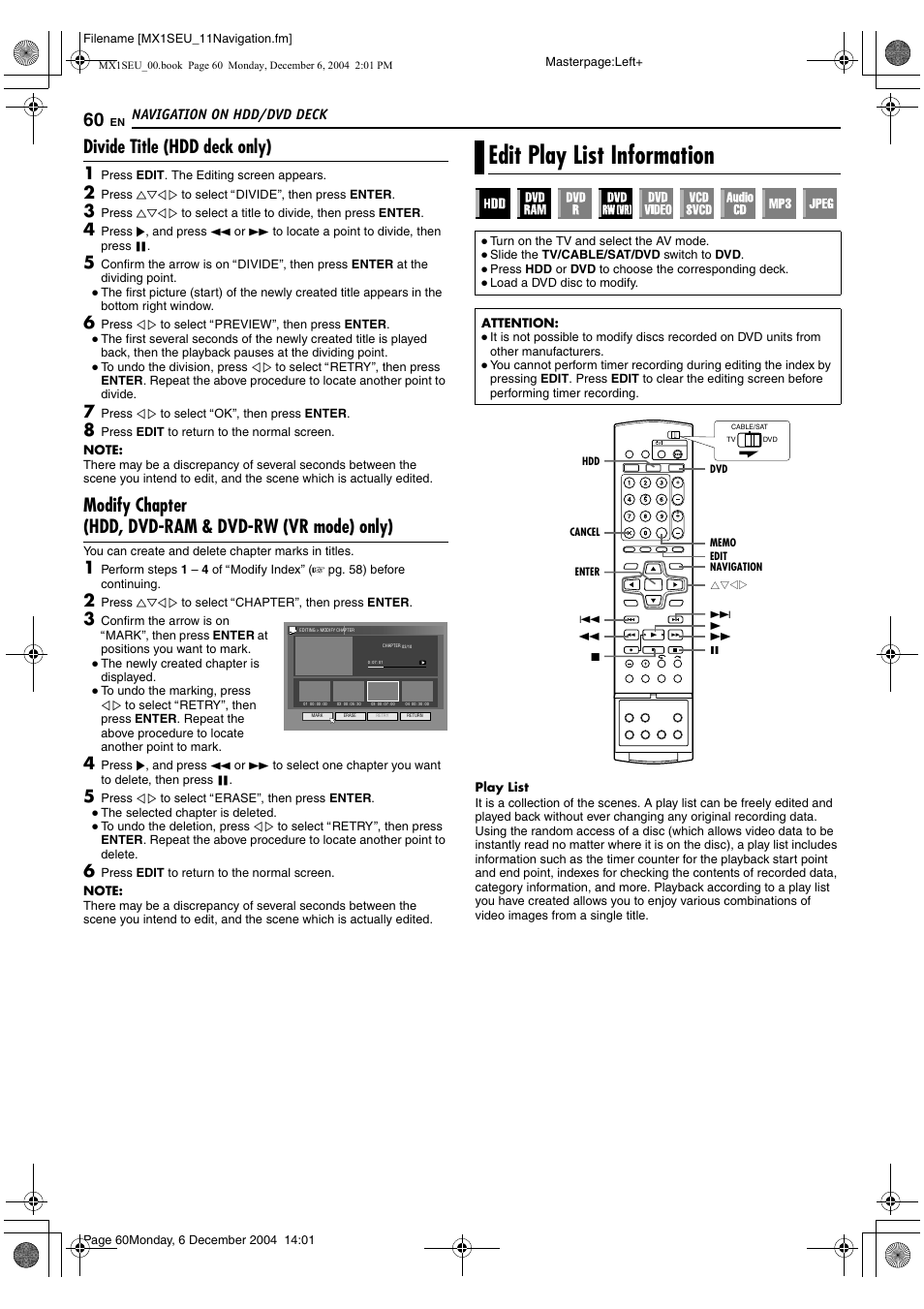 Edit play list information, Divide title (hdd deck only) | JVC DR-MX1S User Manual | Page 60 / 100