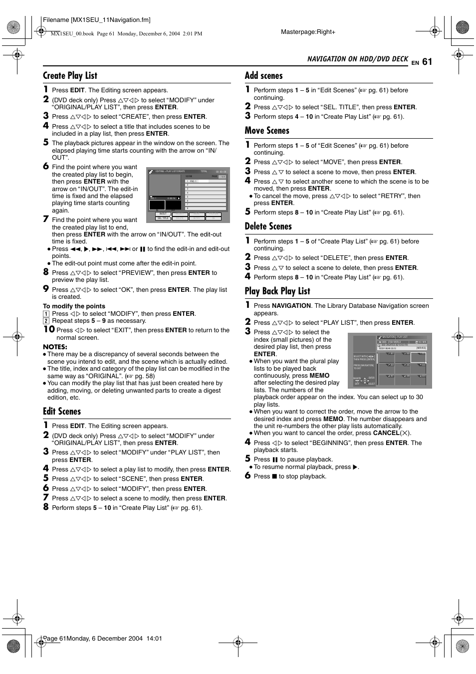 Create play list, Edit scenes, Add scenes | Move scenes, Delete scenes, Play back play list, Navigation on hdd/dvd deck | JVC DR-MX1S User Manual | Page 61 / 100