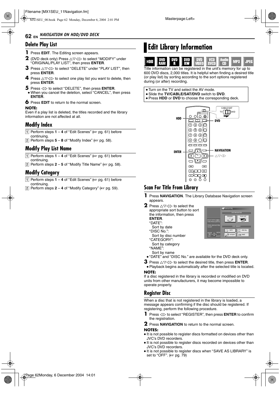 Edit library information, Delete play list, Modify index | Modify play list name, Modify category, Scan for title from library, Register disc | JVC DR-MX1S User Manual | Page 62 / 100