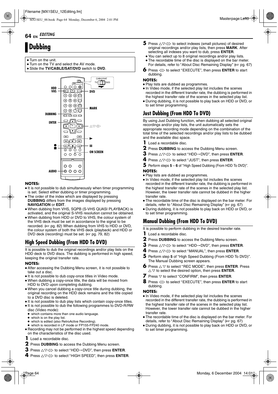 Editing, Dubbing, A pg. 64 | A pg. 64), High speed dubbing (from hdd to dvd), Just dubbing (from hdd to dvd), Manual dubbing (from hdd to dvd) | JVC DR-MX1S User Manual | Page 64 / 100