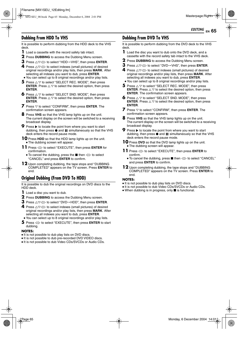 Dubbing from hdd to vhs, Original dubbing (from dvd to hdd), Dubbing from dvd to vhs | JVC DR-MX1S User Manual | Page 65 / 100