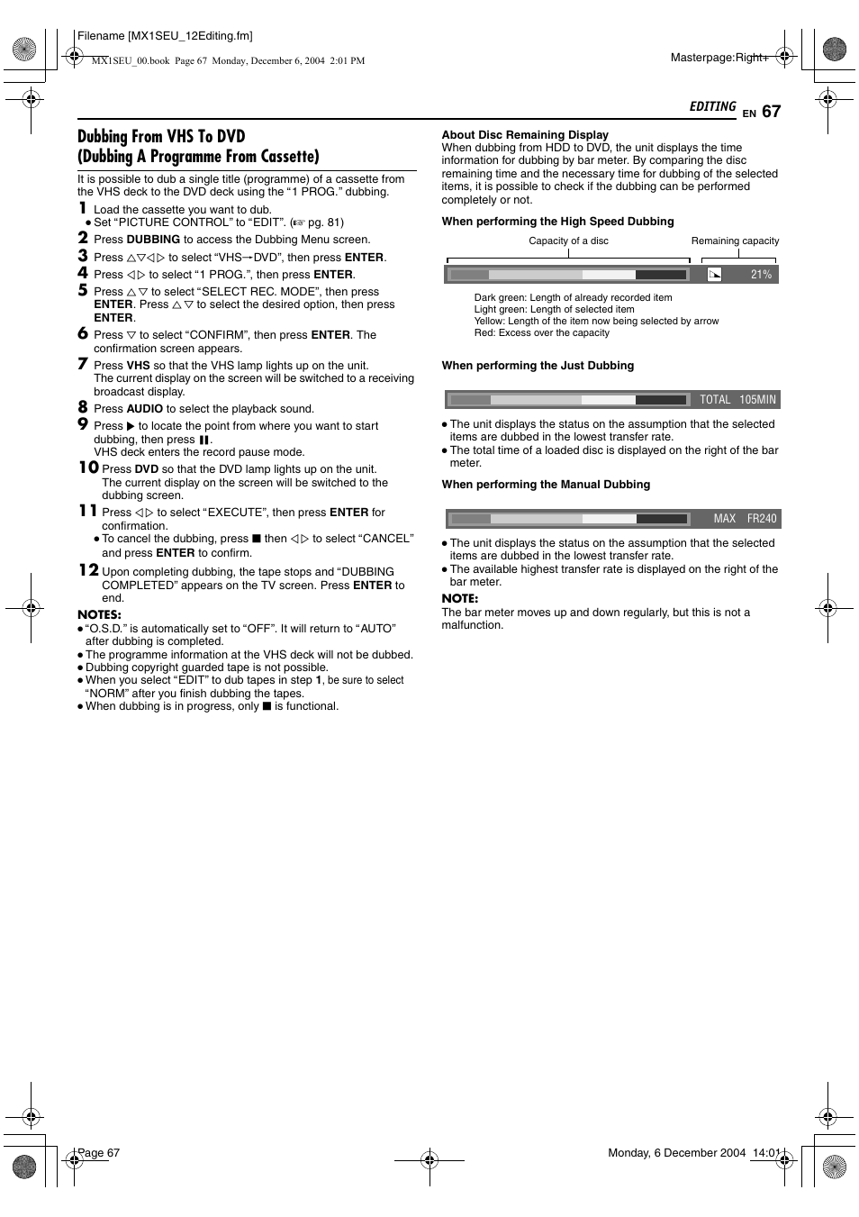 Aabout disc remaining displayb (a pg. 67) | JVC DR-MX1S User Manual | Page 67 / 100