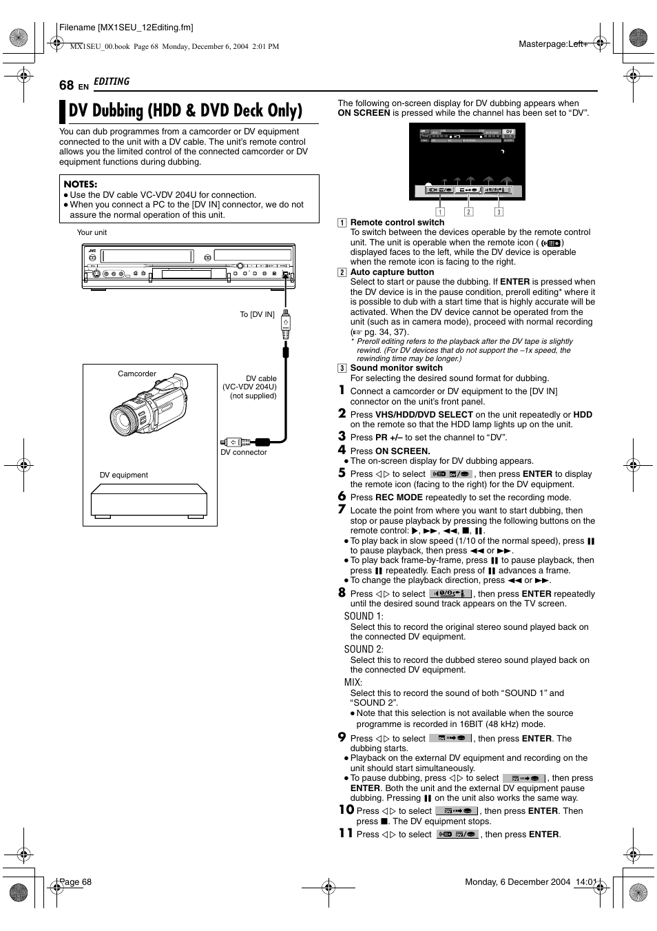 Dv dubbing (hdd & dvd deck only), A pg. 68, T. (a pg. 68 | Adv dubbing (hdd & dvd, Deck only), A pg. 68), Editing | JVC DR-MX1S User Manual | Page 68 / 100